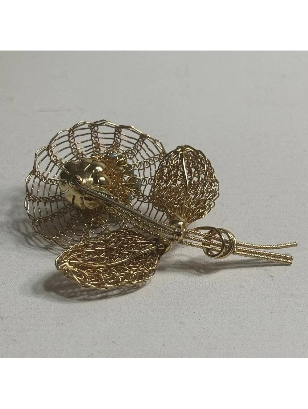Vintage Vendome Signed Large Faux Turquoise Rhinestone Gold Tone Mesh Brooch